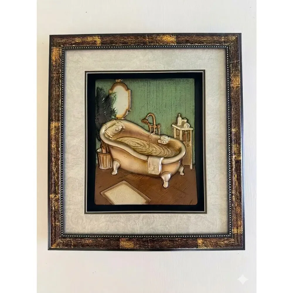 Vintage 3D Bathroom Wall Art, Shadow Box Decor, Framed Sink & Tub Scenes, 2pk